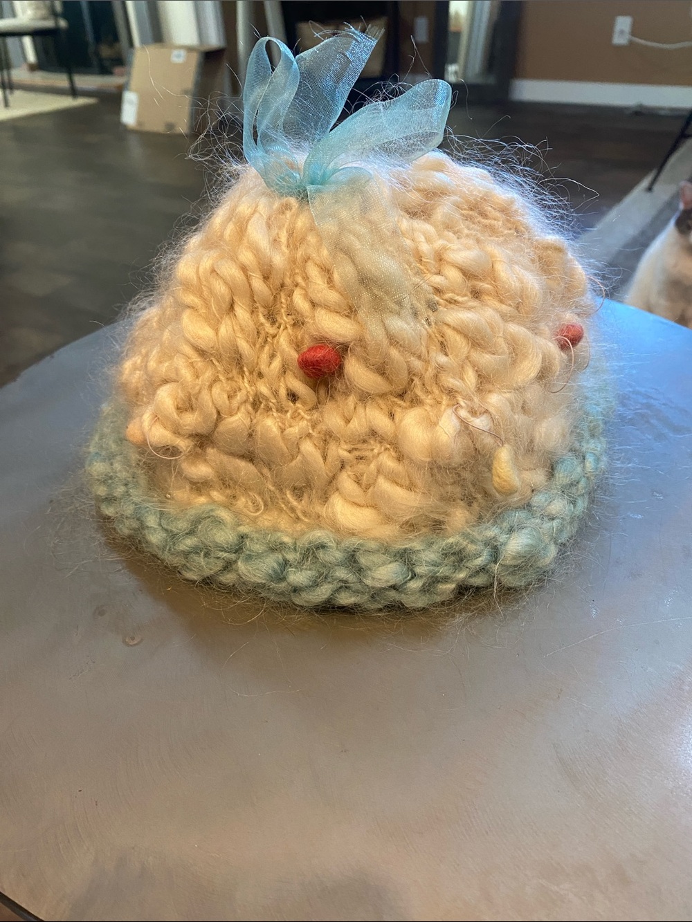 Cozy Cream Knit Kids Beanie with Light Blue Trim and Bow